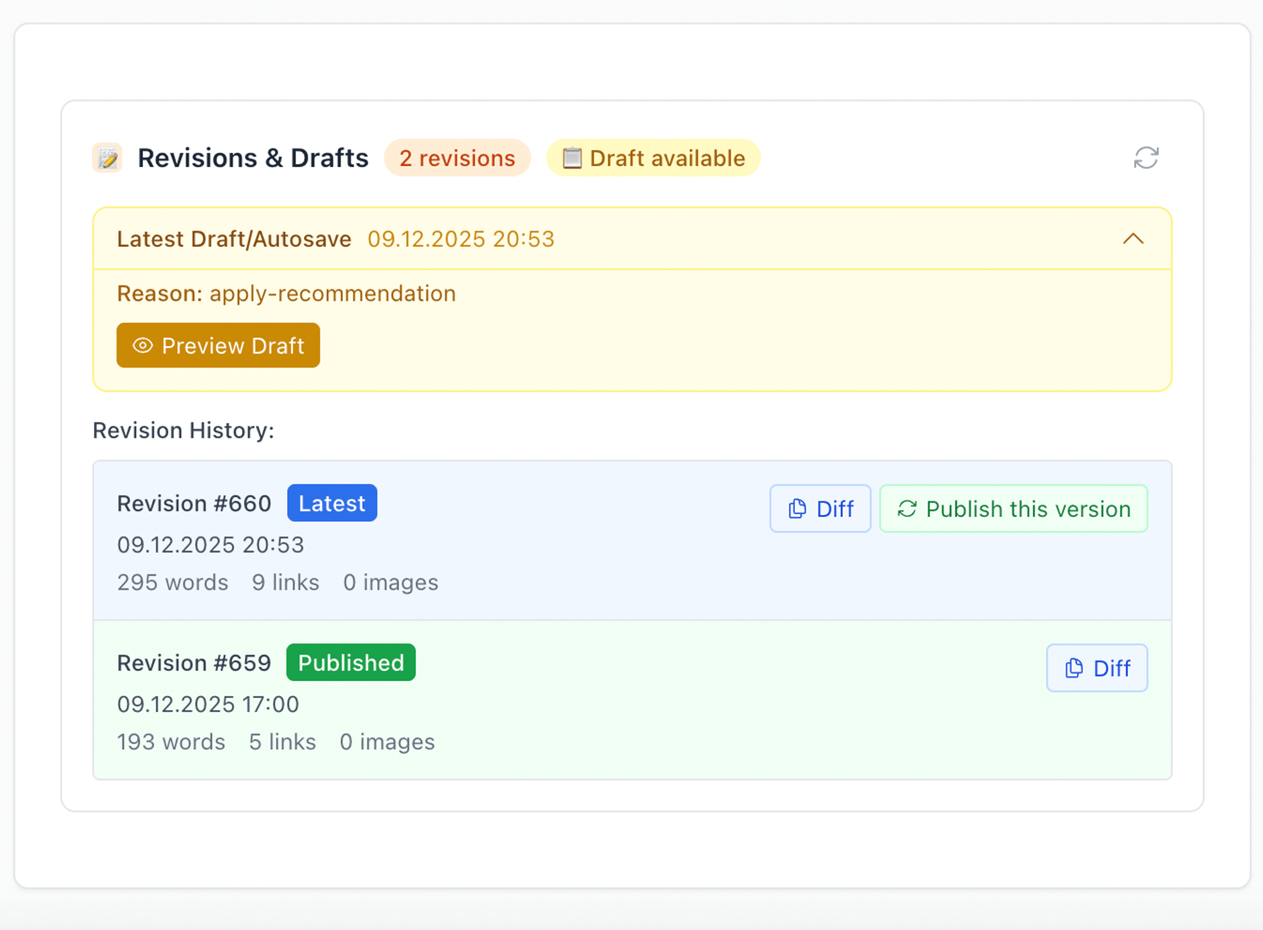 Draft diffs and rollback screenshot