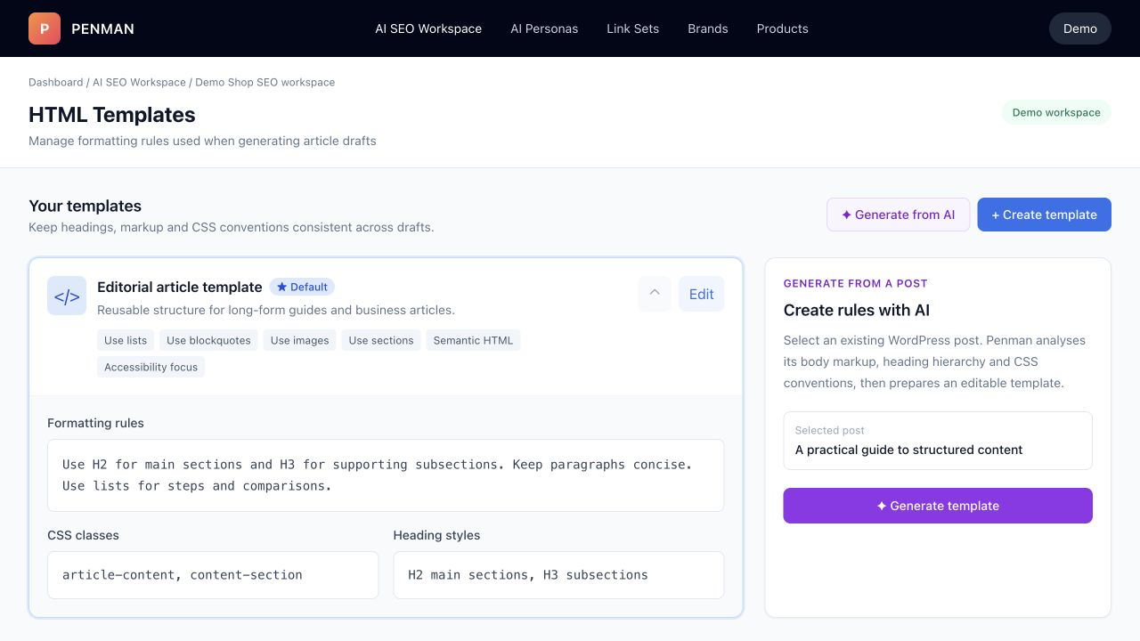 HTML template editor in PENMAN
